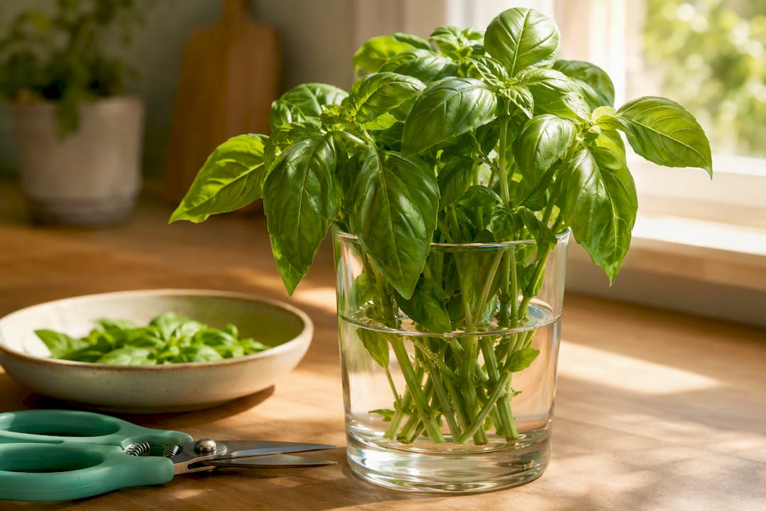 Fresh basil stems stored in water