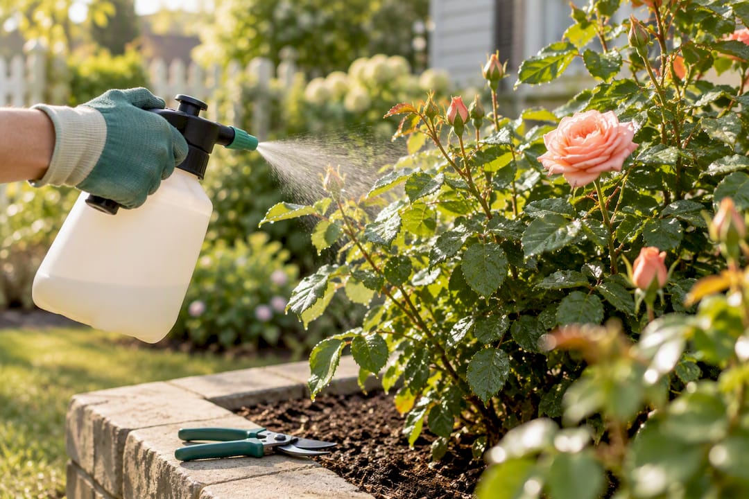 Gardener spraying rose foliage carefully