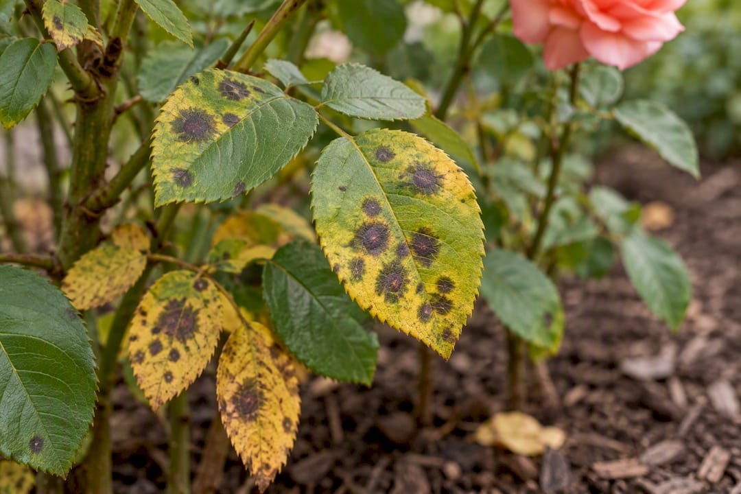 Rose leaves showing black spot lesions