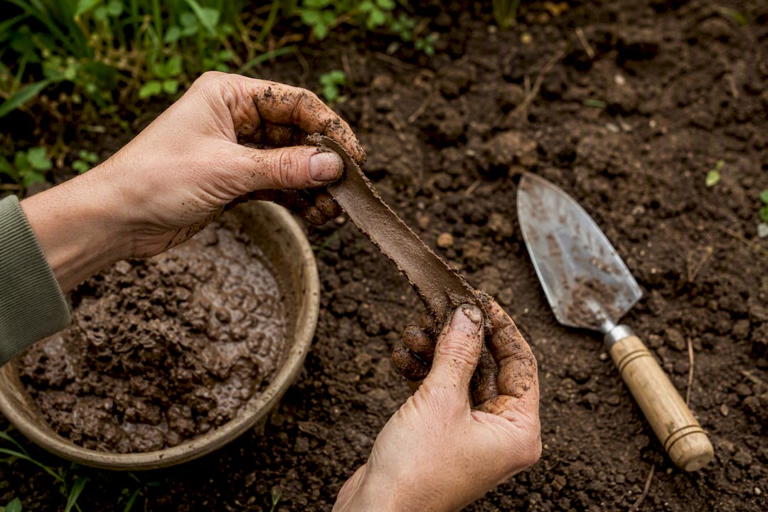 Hands forming a clay soil ribbon test