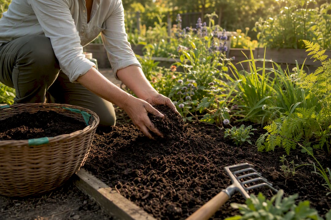 Gardener spreading compost across established bed