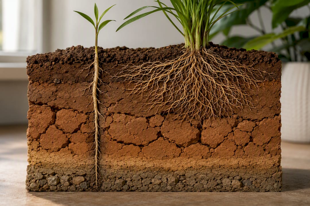 Root systems penetrating dense clay soil