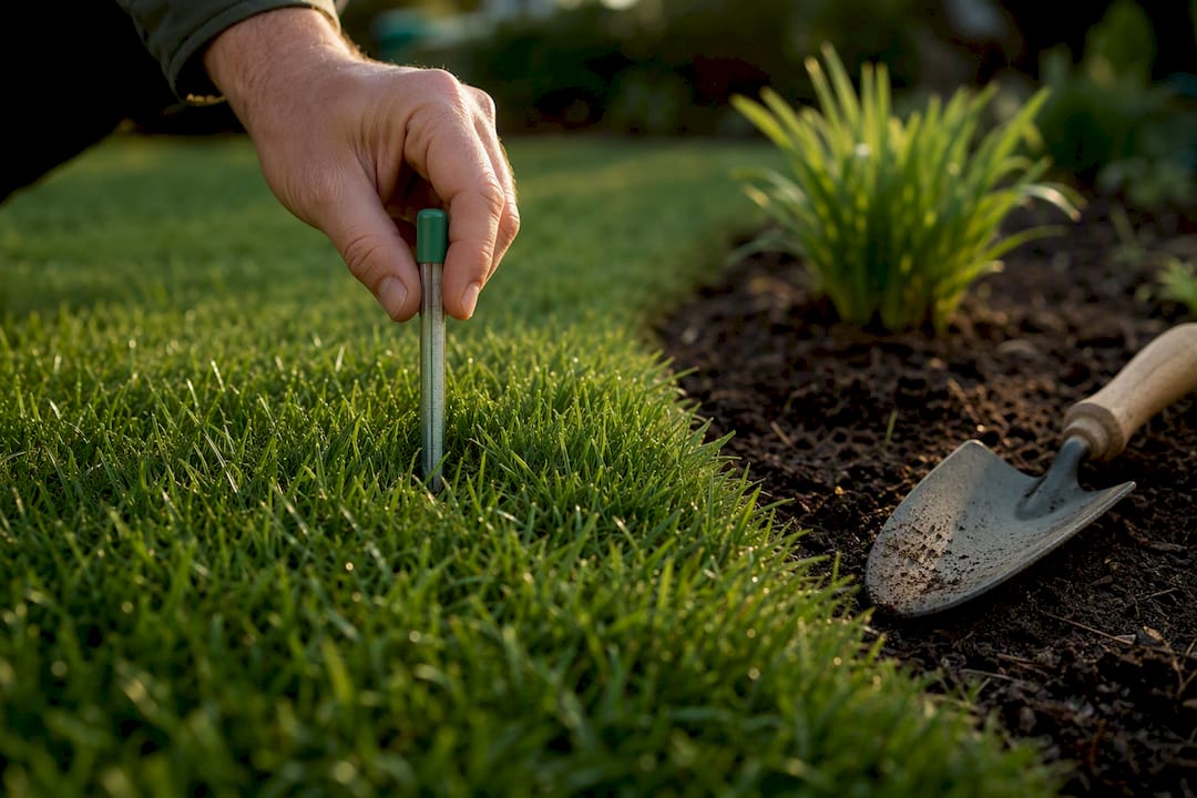 Soil thermometer checking lawn readiness
