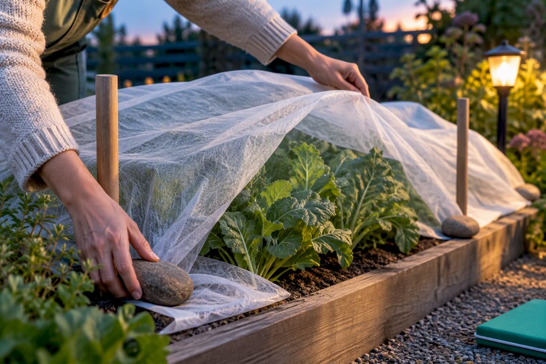 Hands securing frost cloth over garden plants