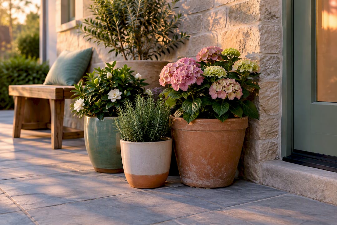 Potted plants grouped beside sheltered wall