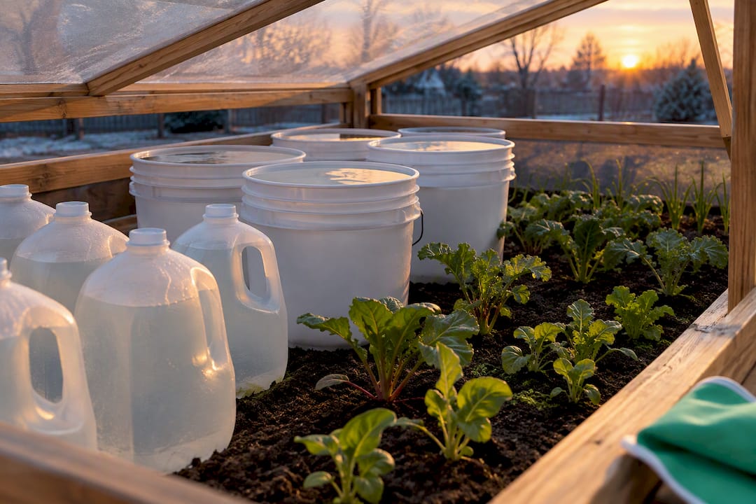 Water containers protecting seedlings in cold frame
