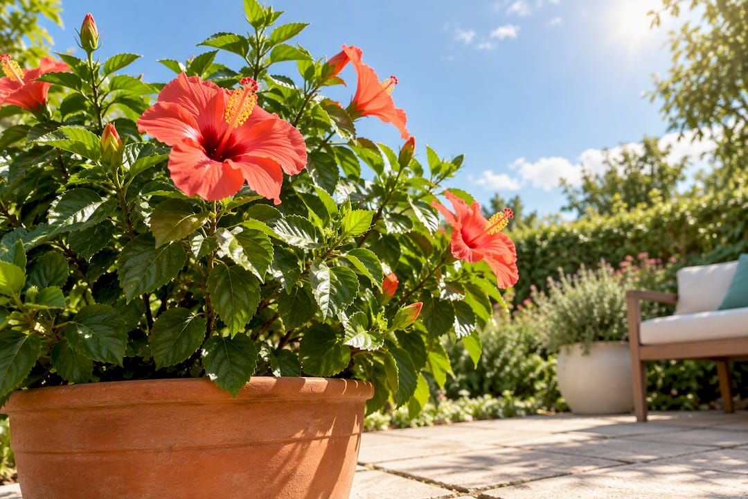 Blooming hibiscus receiving direct garden sunlight