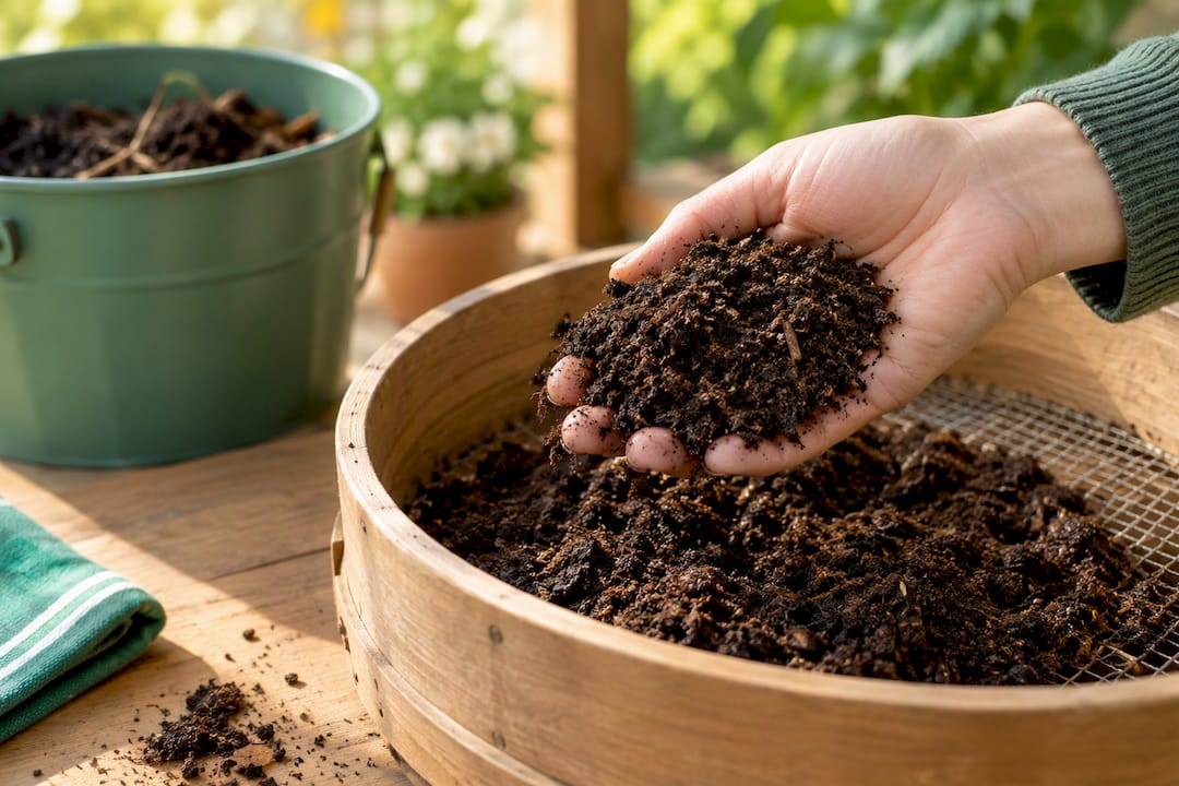 Hand checking finished compost quality