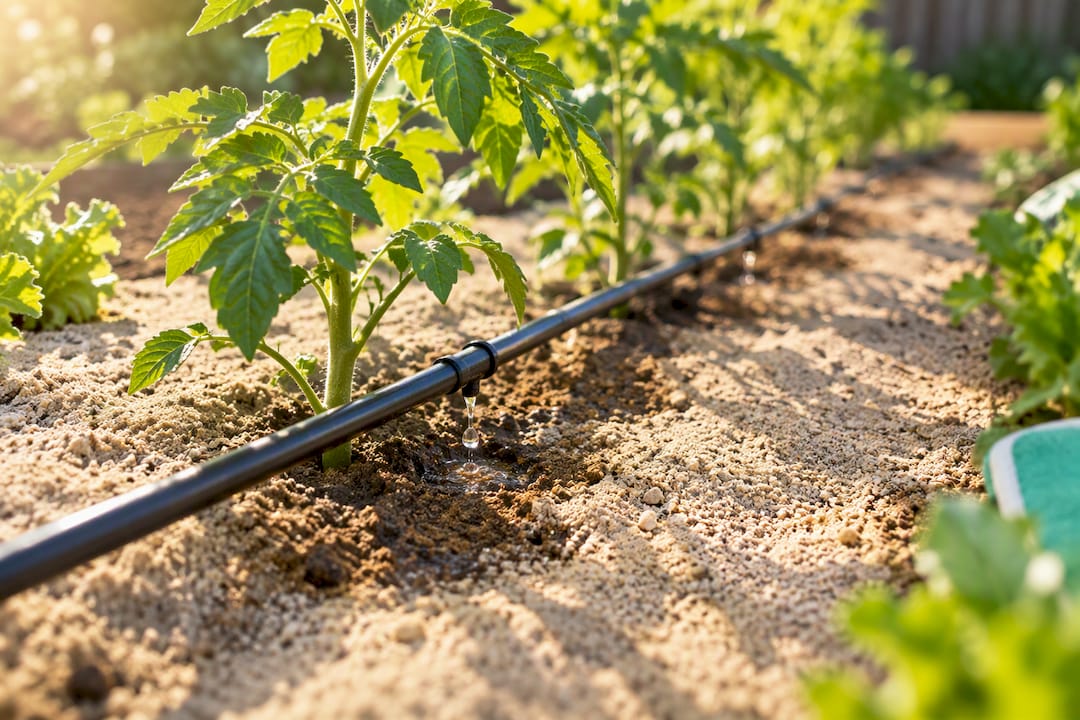 Drip line watering sandy garden soil