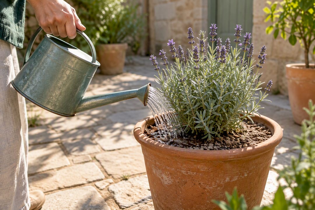 Hand watering lavender in a terracotta pot