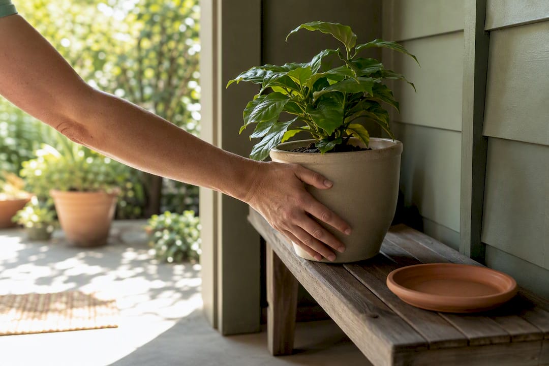 Potted plant moved into shade from wind