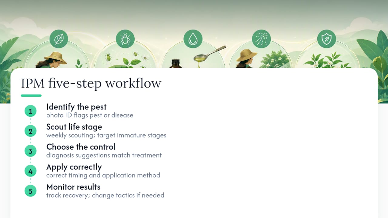 Five-step neem oil IPM workflow