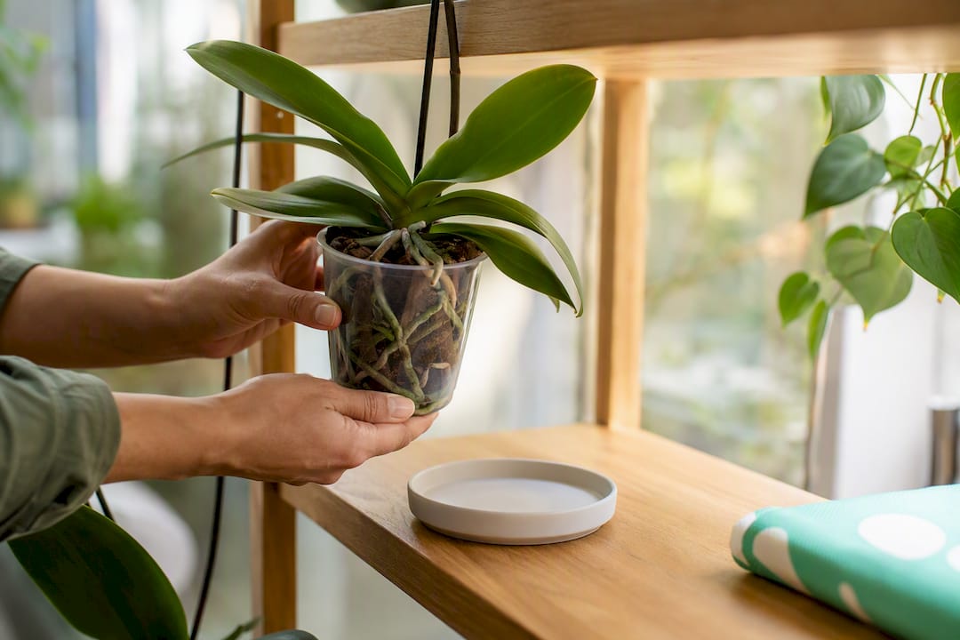Hands checking an orchid pot weight