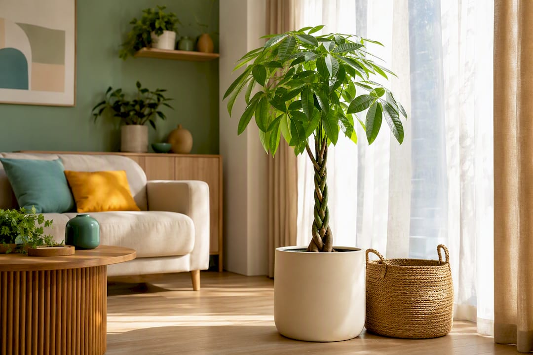 Braided money tree in bright living room