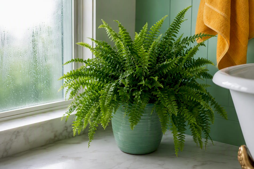 Lush Boston fern in humid bathroom