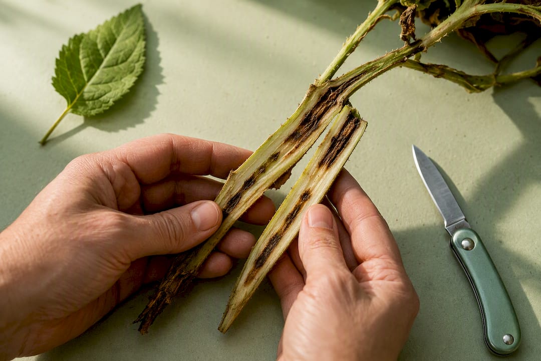 Cut stem showing dark vascular streaks