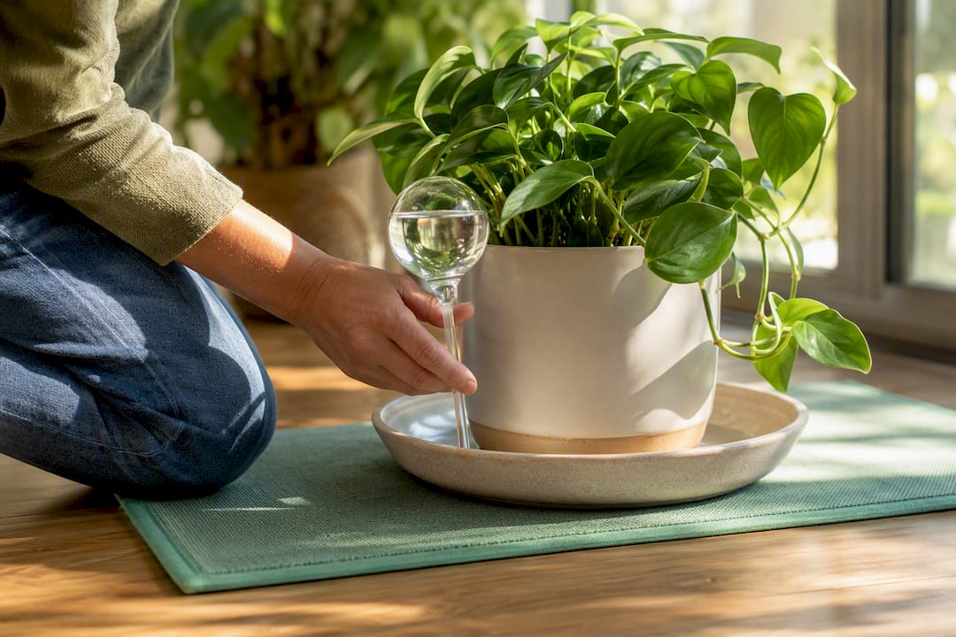 Watering globe and capillary mat beside plant
