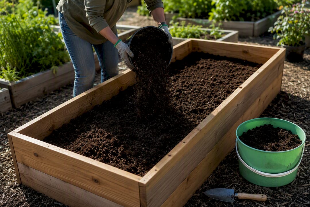 Compost and topsoil filling raised bed