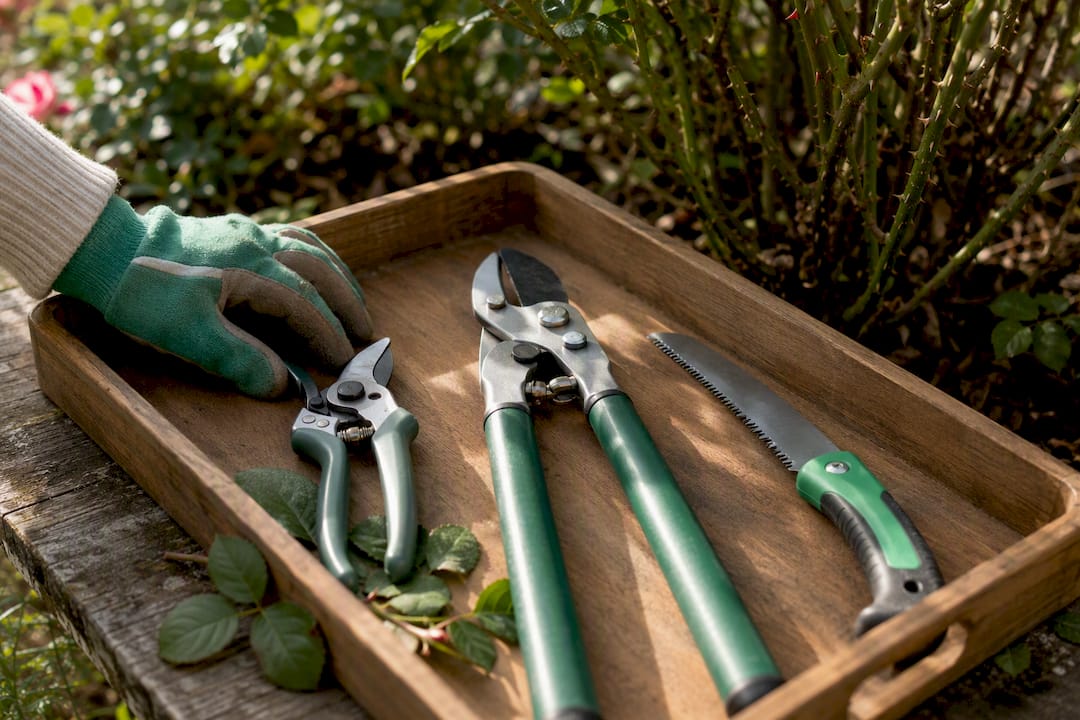 Rose pruning tools beside a shrub