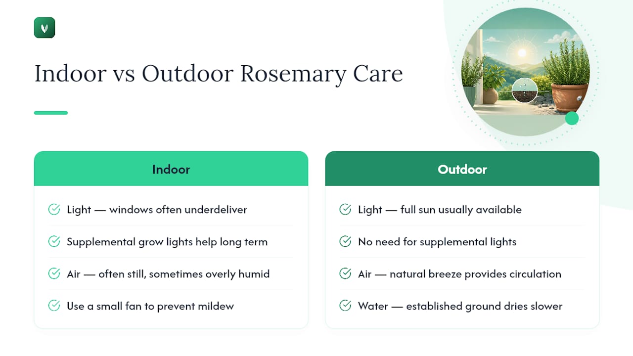 Indoor and outdoor rosemary care comparison