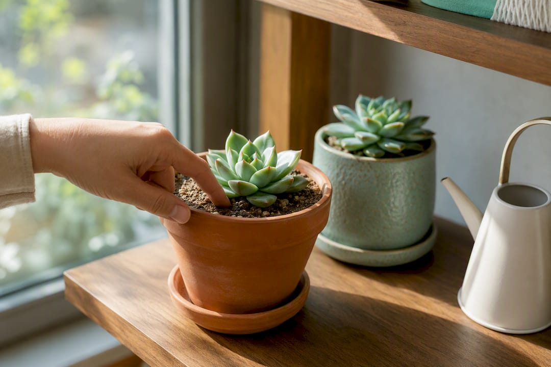 Hand checking moisture in succulent soil