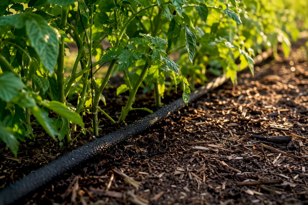 Soaker hose watering tomato plant roots