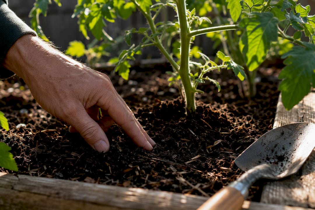 Fingers checking soil beside tomato plant