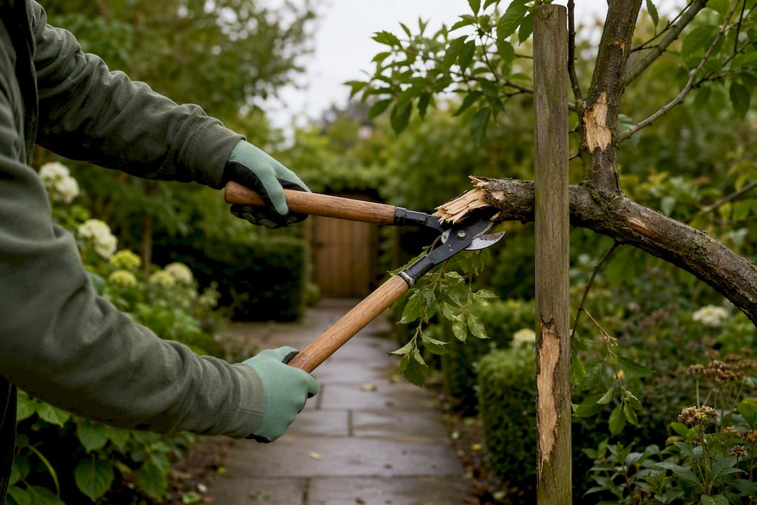 Broken branch being pruned from garden path